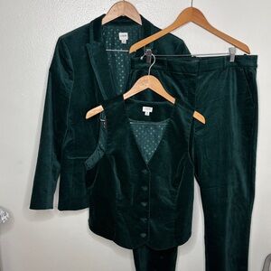 J. Crew Factory Green Velvet 3 Piece Blazer Pant Vest Suit Women Size 16